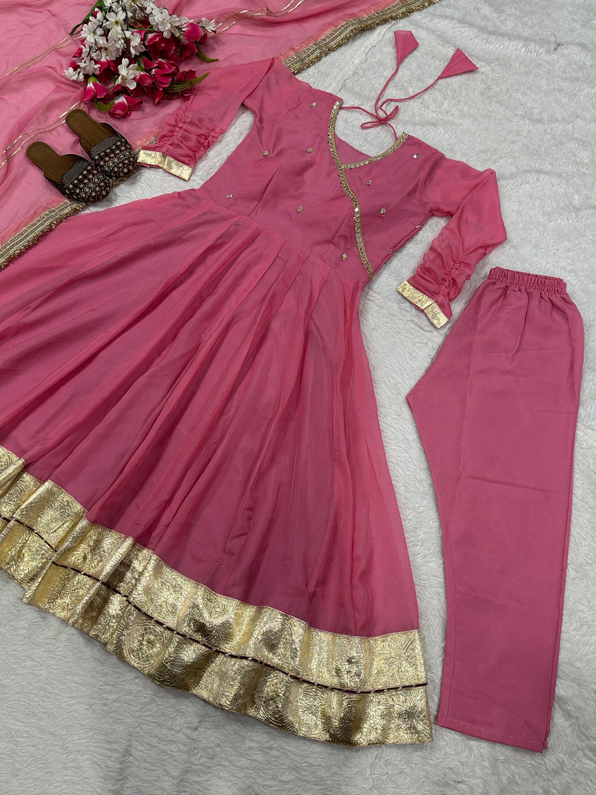 Designer Tabby Organza Embroidered Anarkali Suit Set