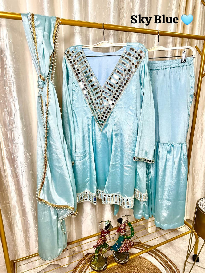 Designer Chinon Silk Peplum Dress with Gharara & Dupatta