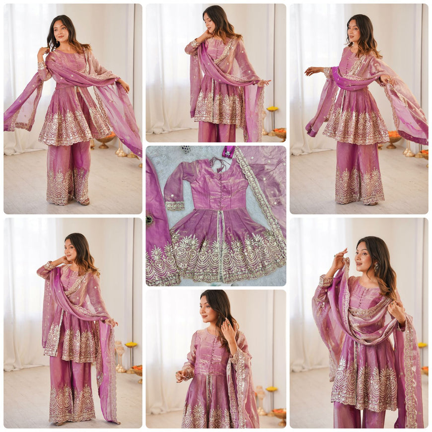 Designer Party Wear Fandy Silk Set with Mirror Work (Code: SSC-658)