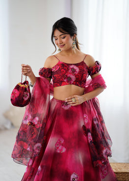 Exclusive Organza Digital Print Lehenga Set with Batwa Bag