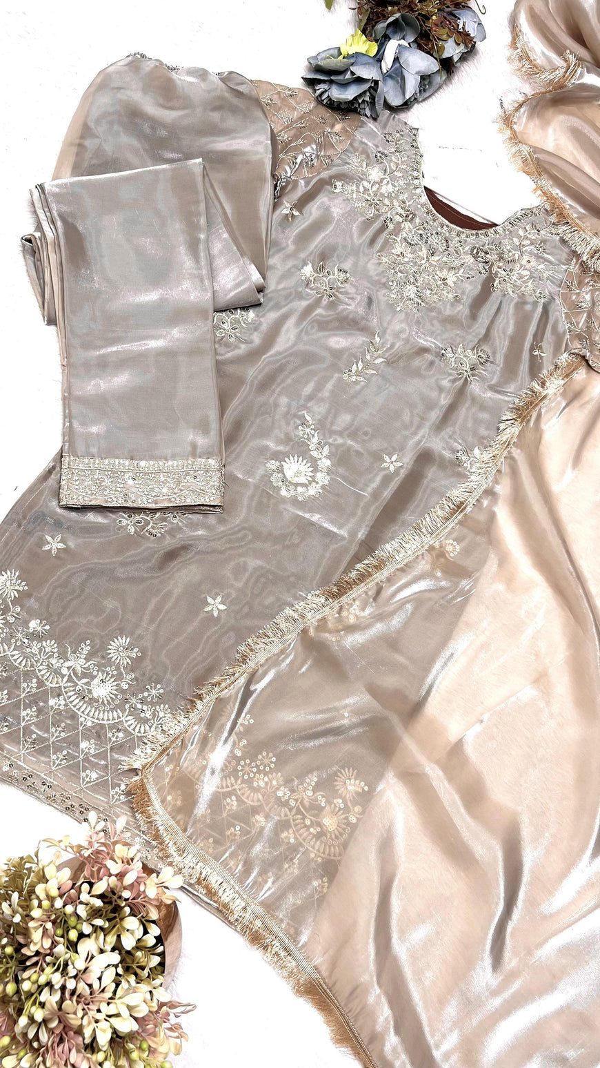 Ready-to-Wear Jimmy Chu Silk Embroidered Top Pant Set with Dupatta