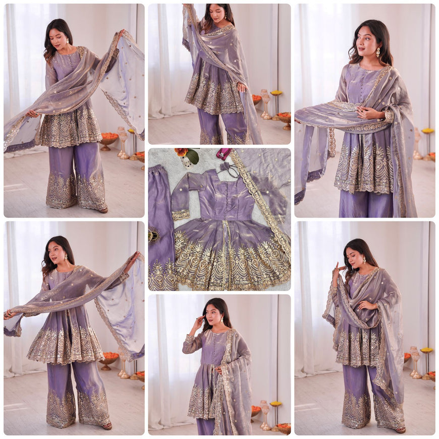 Designer Party Wear Fandy Silk Set with Mirror Work (Code: SSC-658)