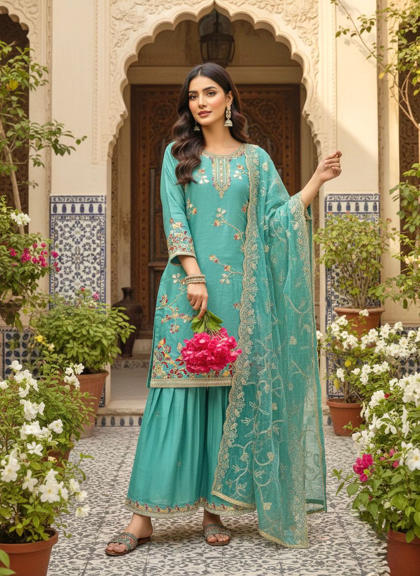 Premium Designer GMY Silk Top Plazzo with Dupatta Set