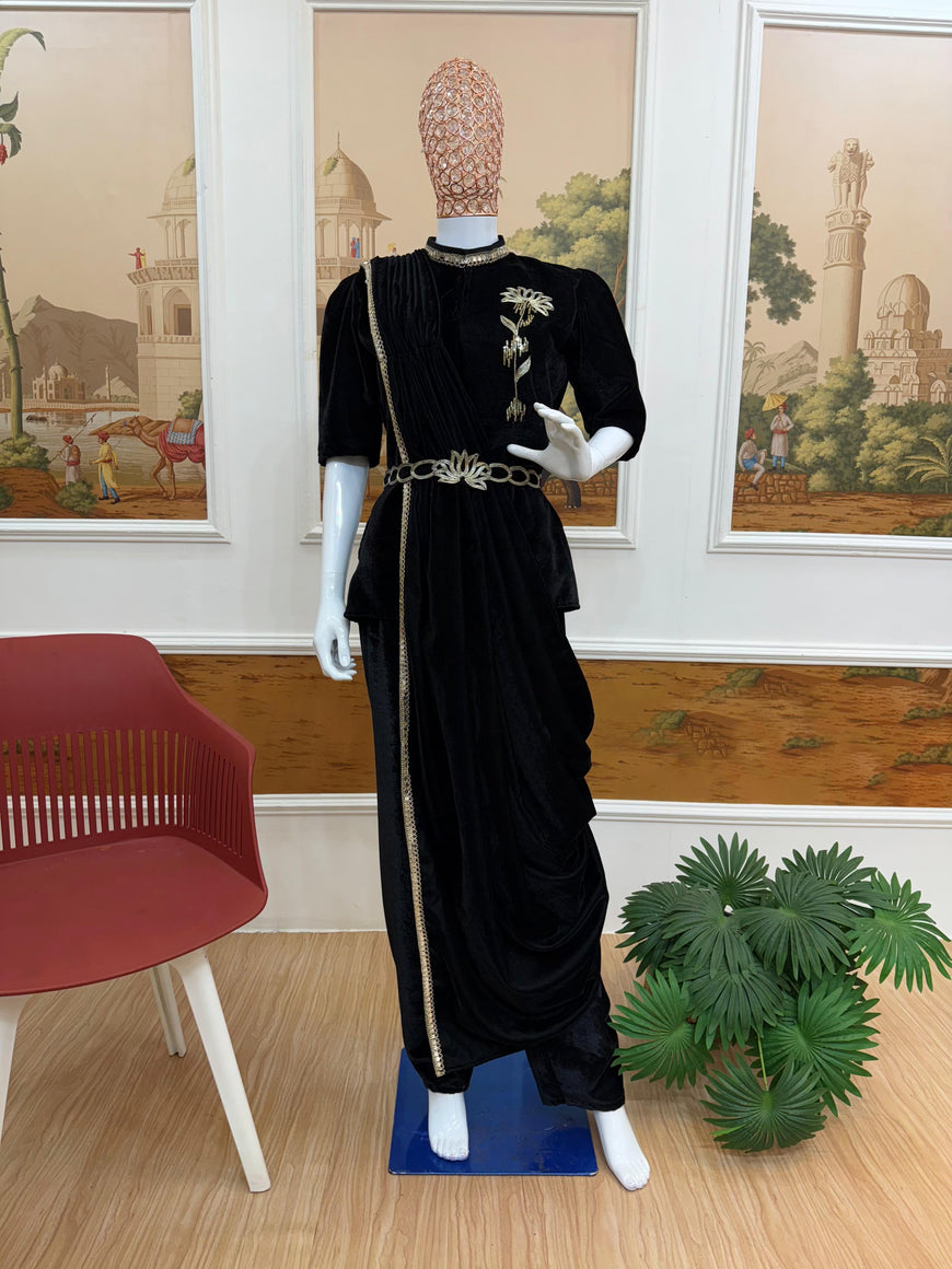 Indo-Western Embroidered Velvet Saree Set