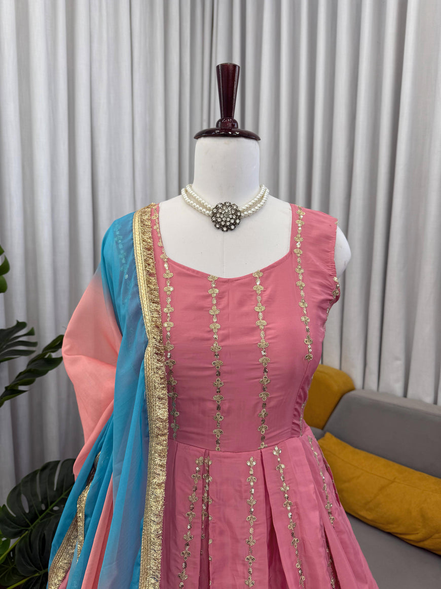 Chinon Silk Anarkali Gown with Organza Dupatta