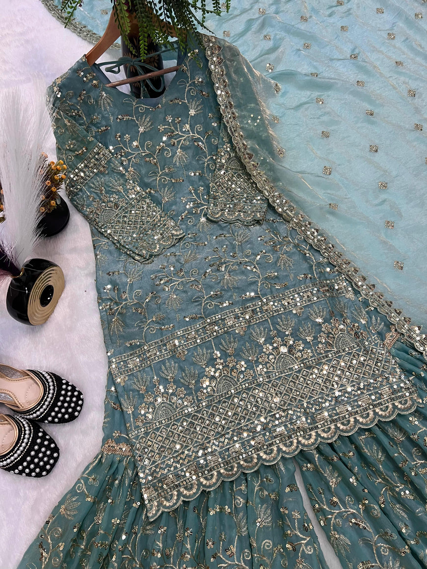 Designer Party Wear Top Sharara Palazzo Set with Dupatta