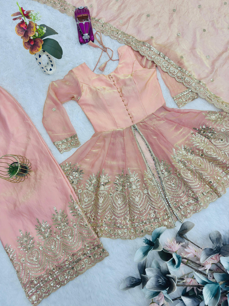 Designer Party Wear Fandy Silk Set with Mirror Work (Code: SSC-658)