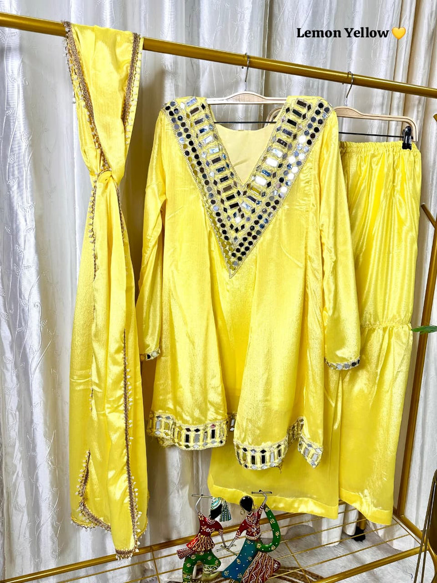 Designer Chinon Silk Peplum Dress with Gharara & Dupatta