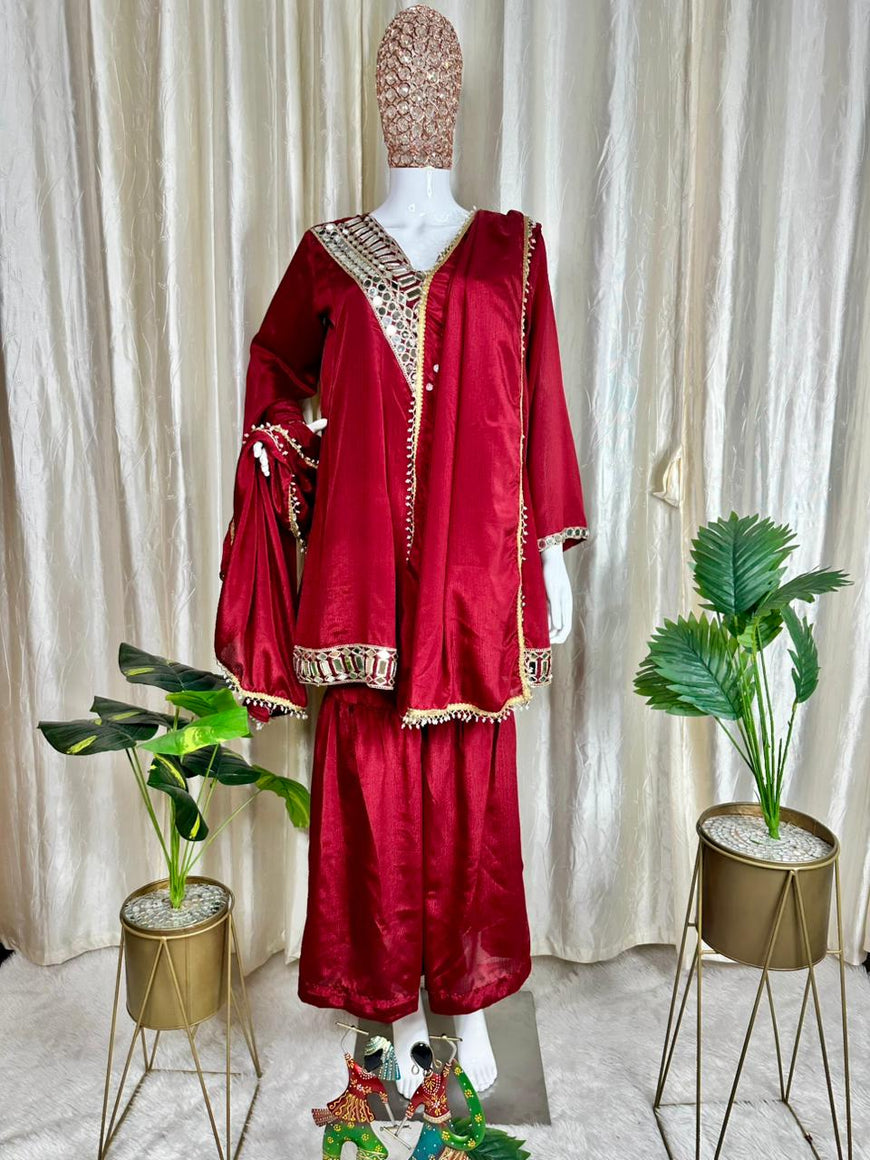 Designer Chinon Silk Peplum Dress with Gharara & Dupatta