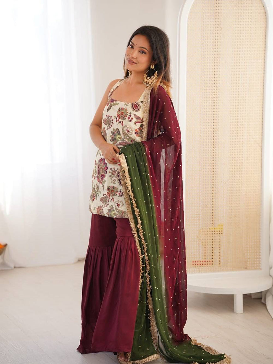 Natural Silk Embroidered Kurti Sharara Set with Dupatta