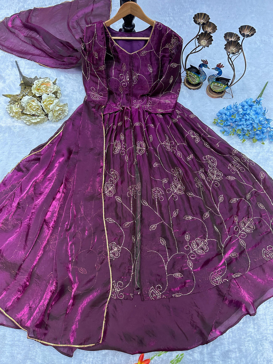 Designer Party Wear Gown with Lehenga and Embroidery Work