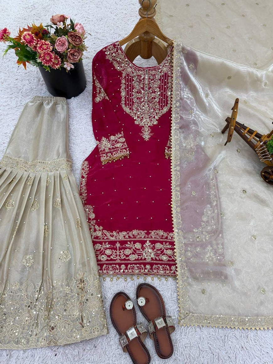 Designer GMY Silk Embroidered Top Plazzo Dupatta Set