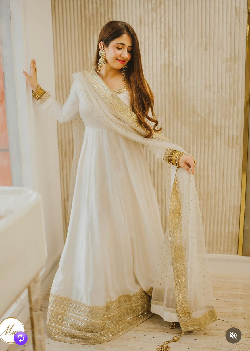 Cinon Silk Embroidered Gown Pant Dupatta Set