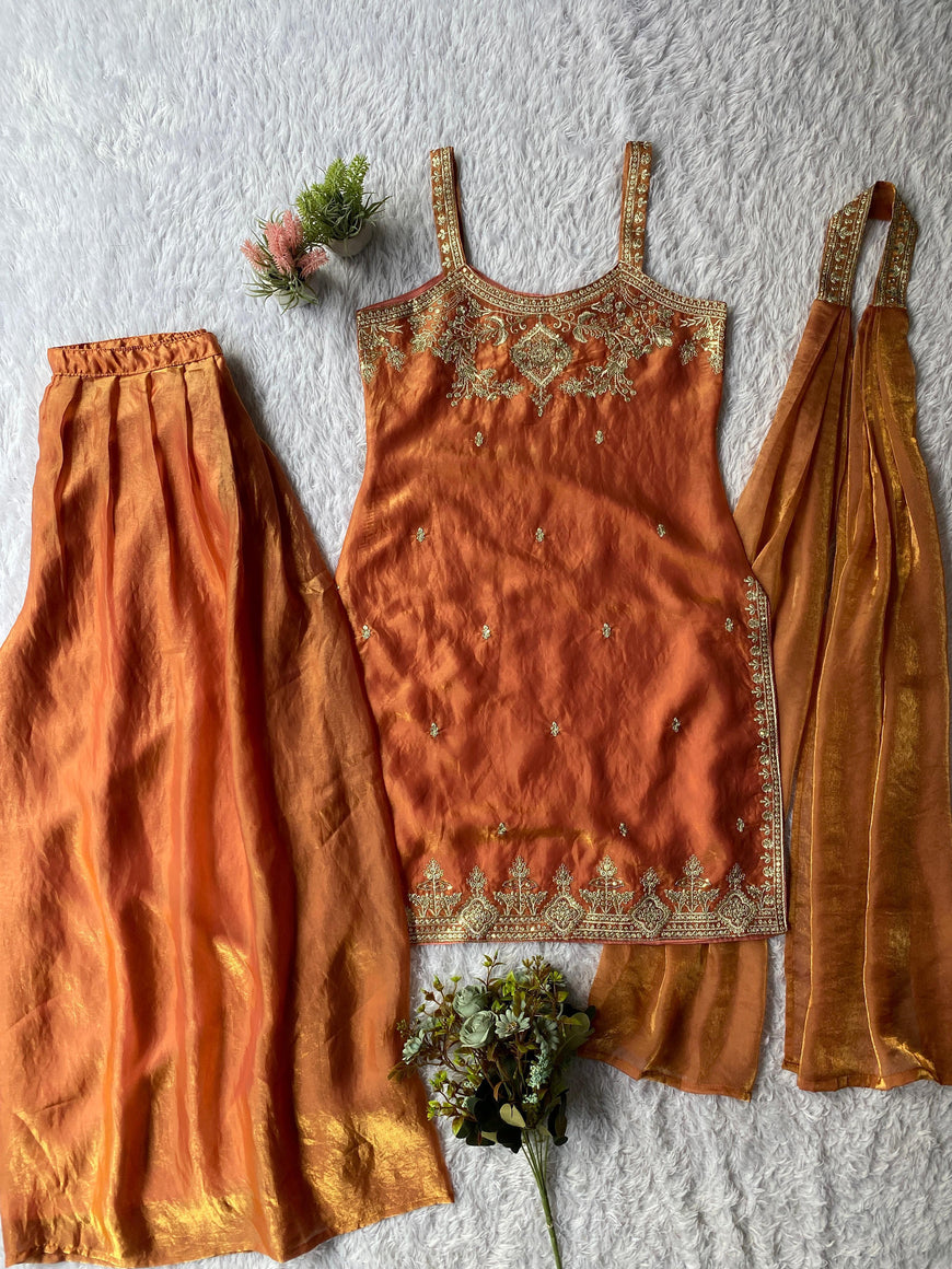 Zimmy Choo Sequence Embroidery Top Plazzo Dupatta Set