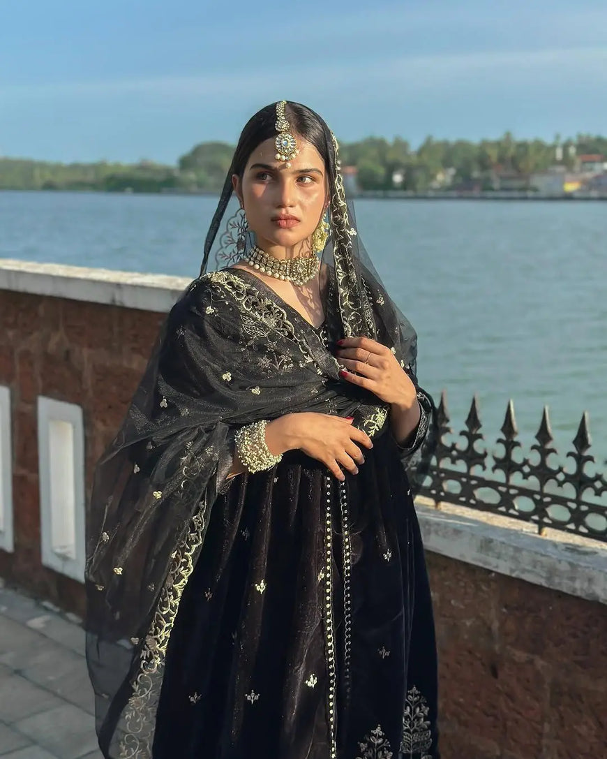 Designer Embroidered Velvet Anarkali Gown Set