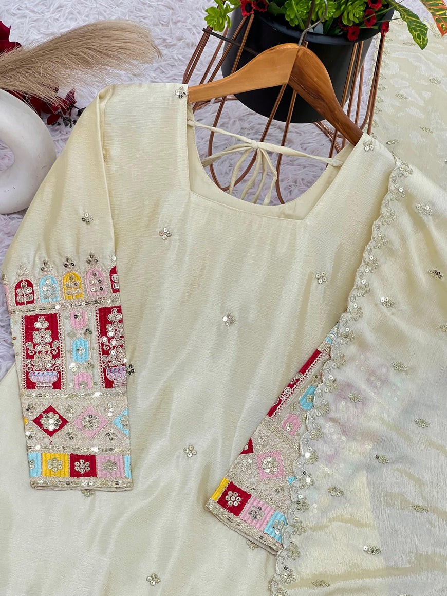 Heavy Embroidery Chinon Silk Top Gharara Dupatta Set