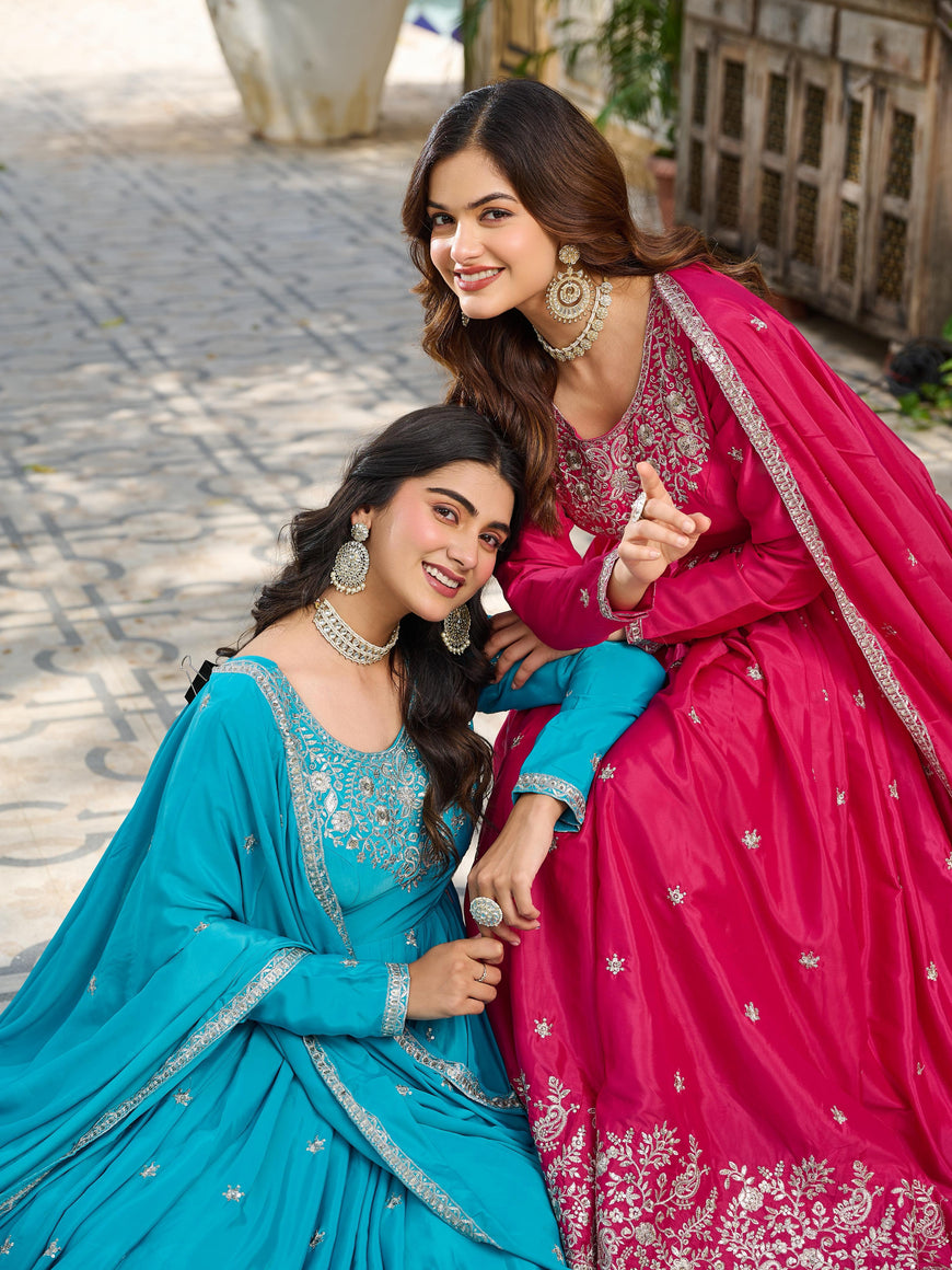 Designer American Silk Gown Set with Embroidery