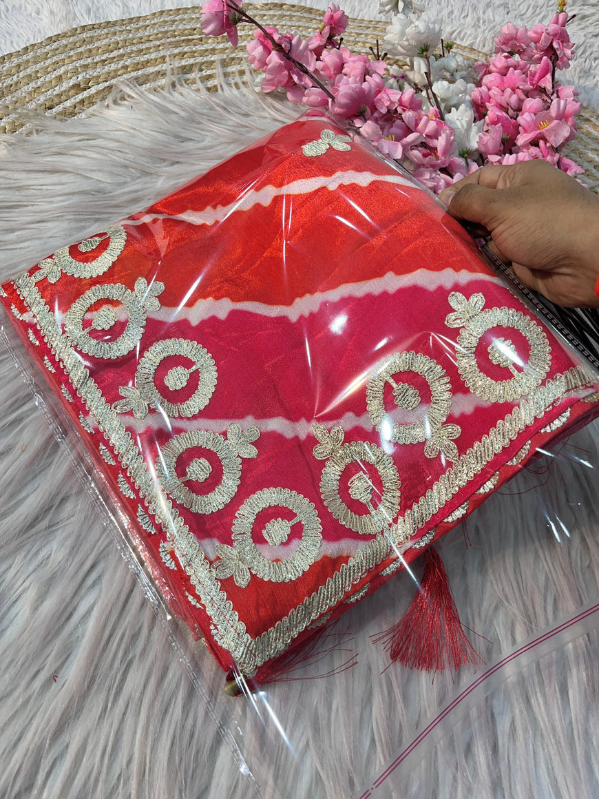 Soft Chinon Silk Lehriya Saree with Gota Work