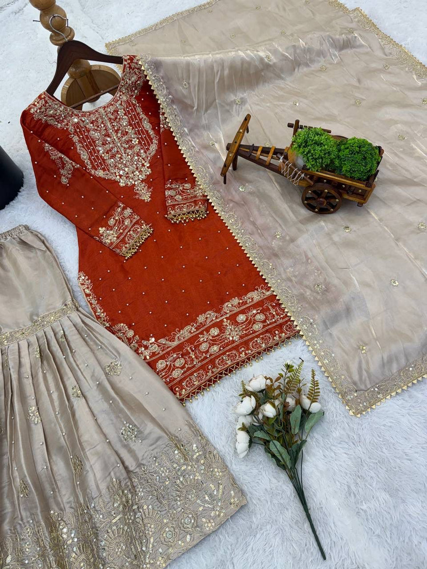 Designer GMY Silk Embroidered Top Plazzo Dupatta Set