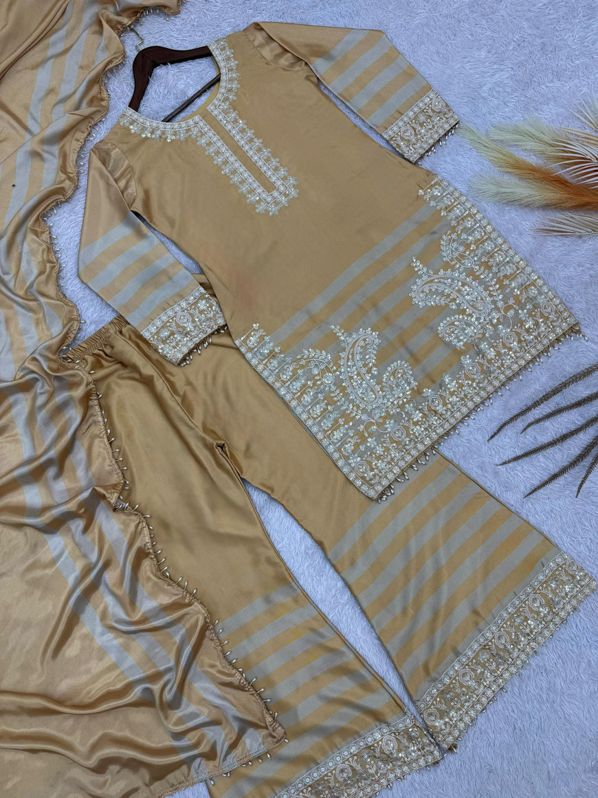 Embroidered Chinon Silk Top Plazzo Set with Dupatta