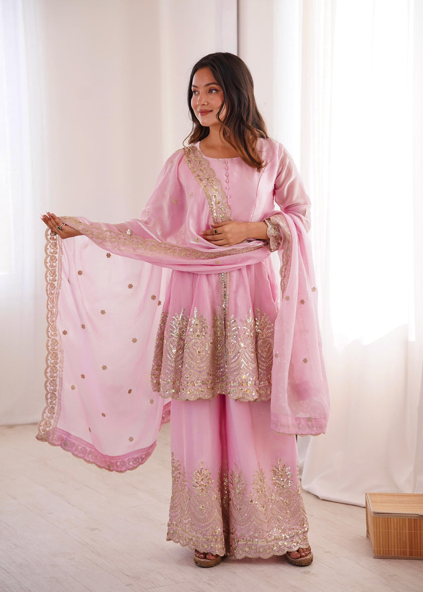 Designer Party Wear Fandy Silk Set with Mirror Work (Code: SSC-658)